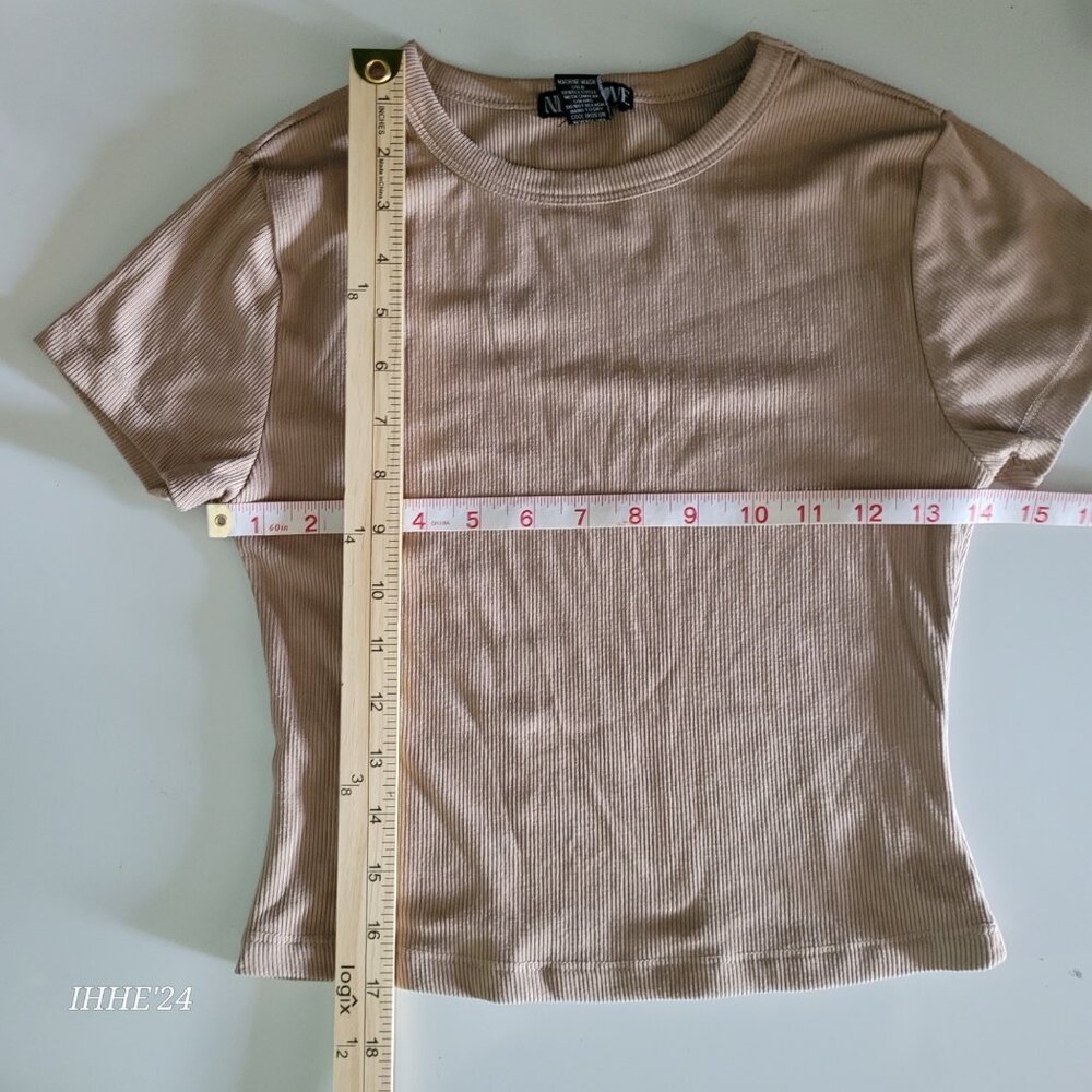 New Love Womens Ribbed Beige T-Shirt Size S Polyester Spandex Blend - Picture 4 of 4